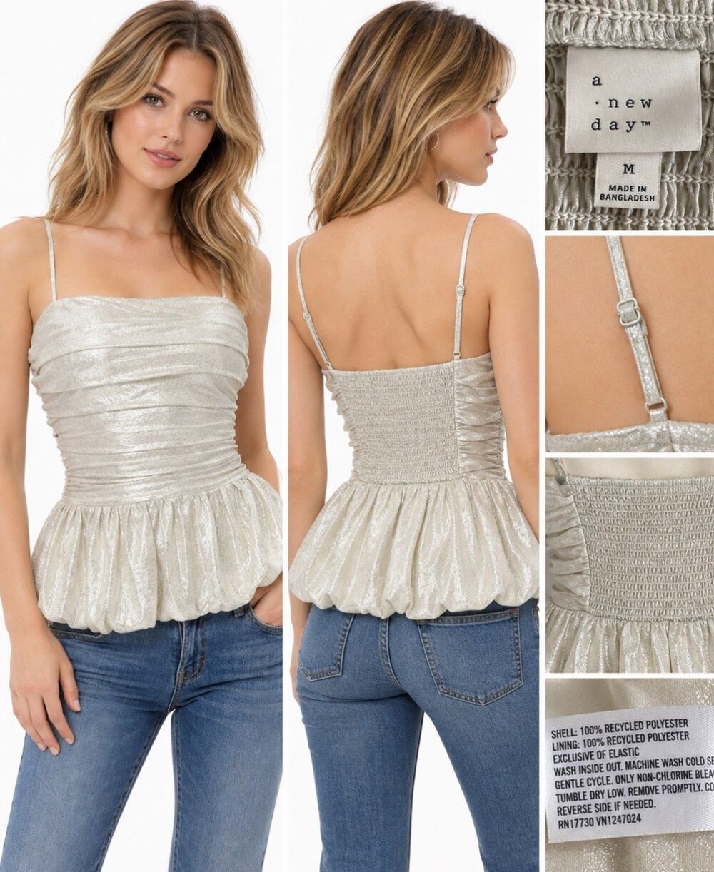 Party A New Day Bubble Hem Cami Top Size M Ivory Silver Metallic New Years